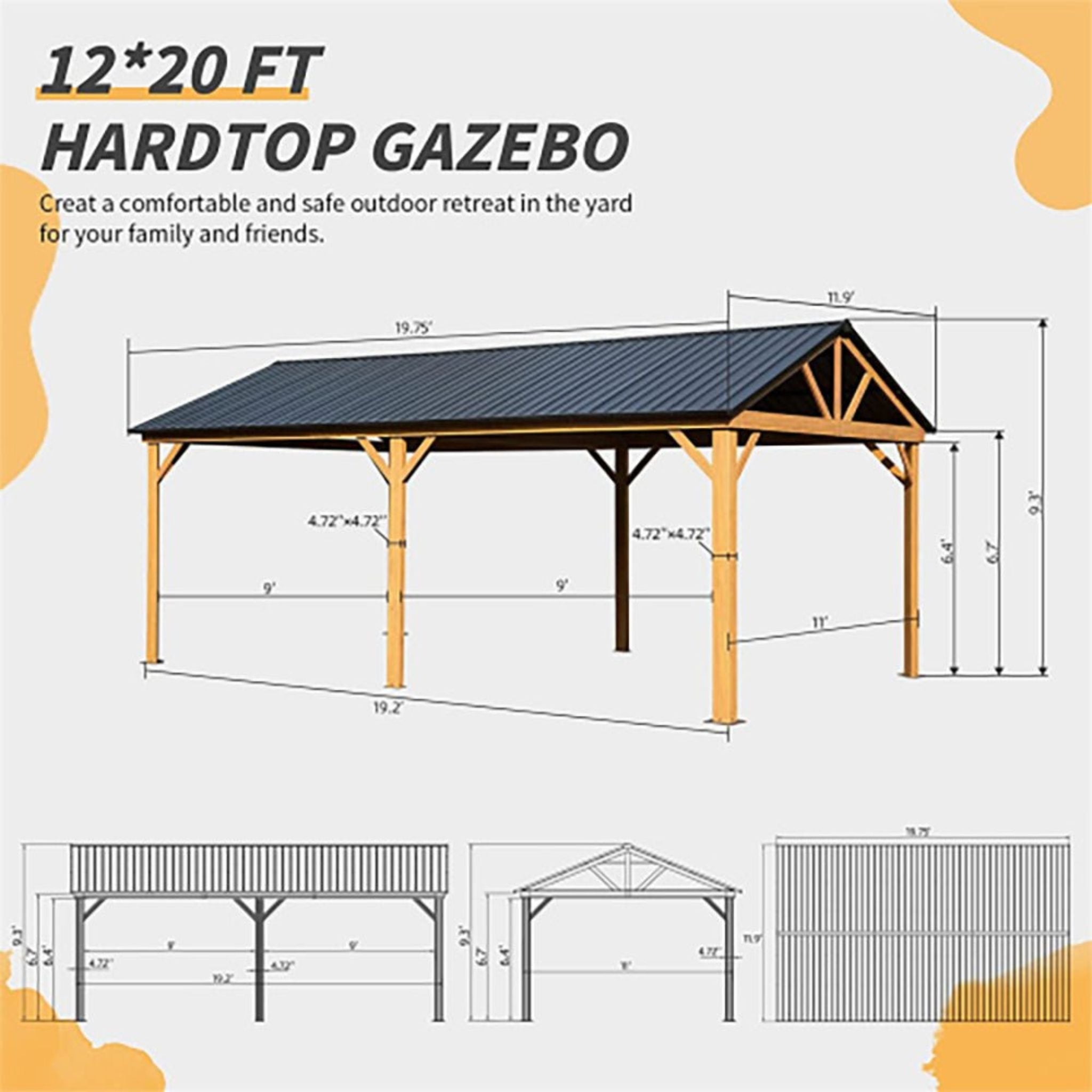 Hardtop Gazebo - 12x20 FT Galvanized Steel Double-Layer Pergola