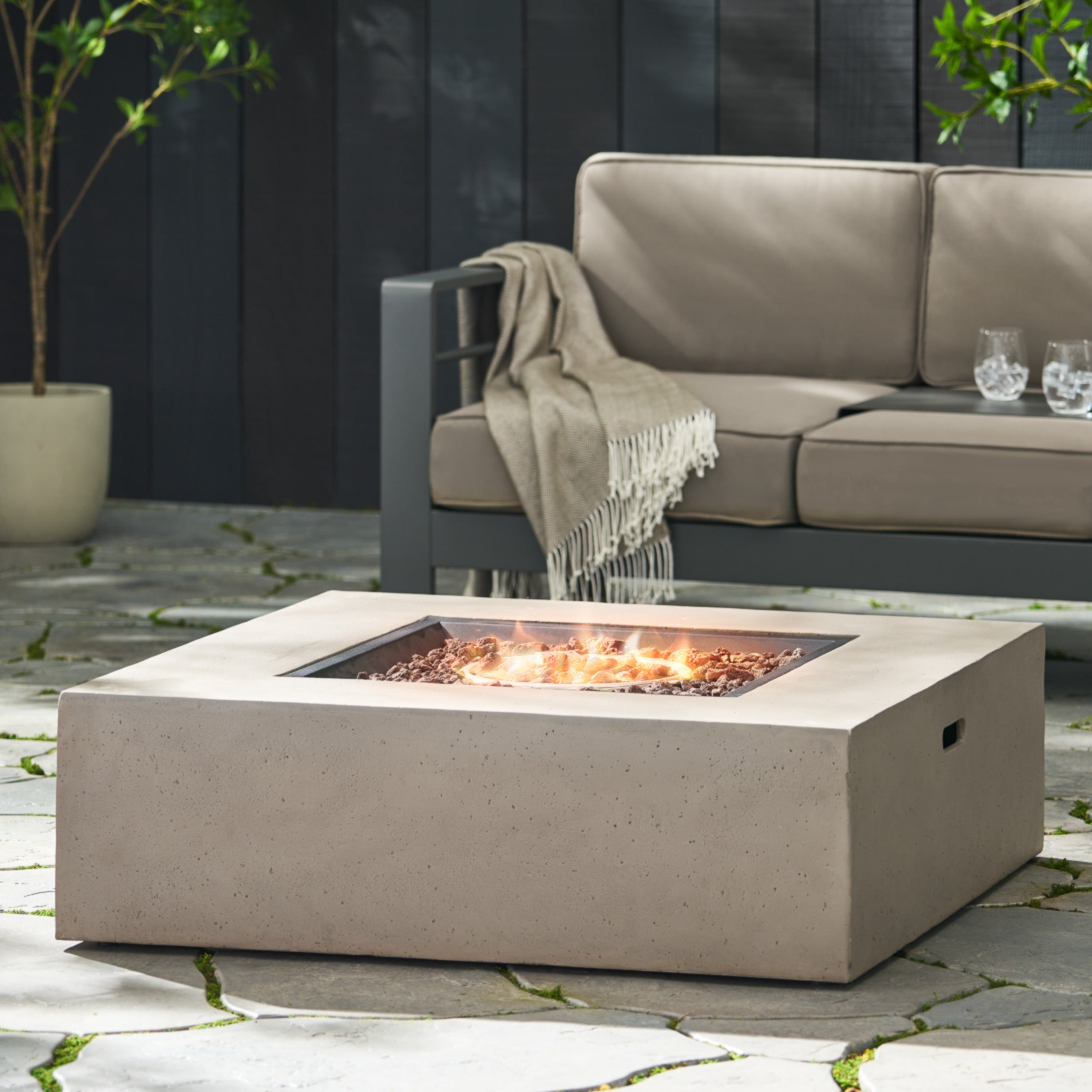 Contemporary 50,000 BTU Square MgO Fire Table with Clean Lines in Light Grey