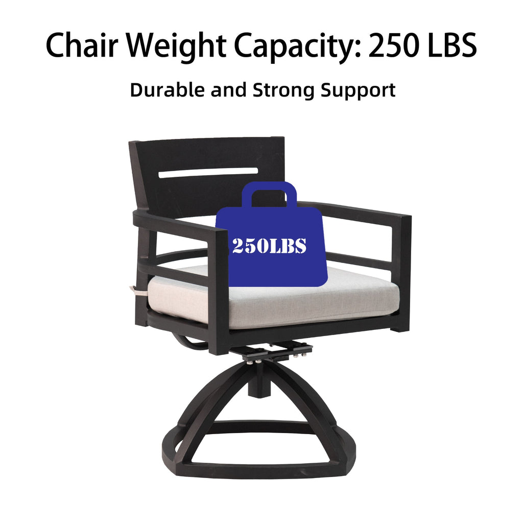 5-Piece Outdoor Patio Aluminum Furniture, Modern Dining Set, including 4 Swivel Rockers  Sunbrella Fabric Cushioned and 40' Square Dining Table with Umbrella Hole, Ember Black