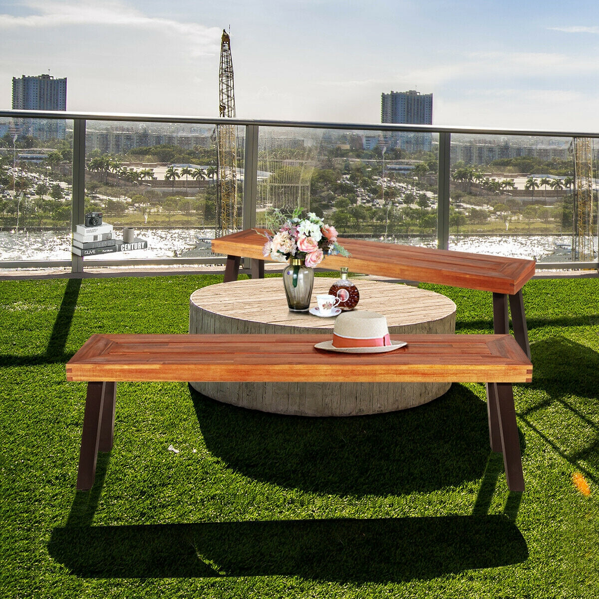 Set of 2 Patio Acacia Wood Dining Benches