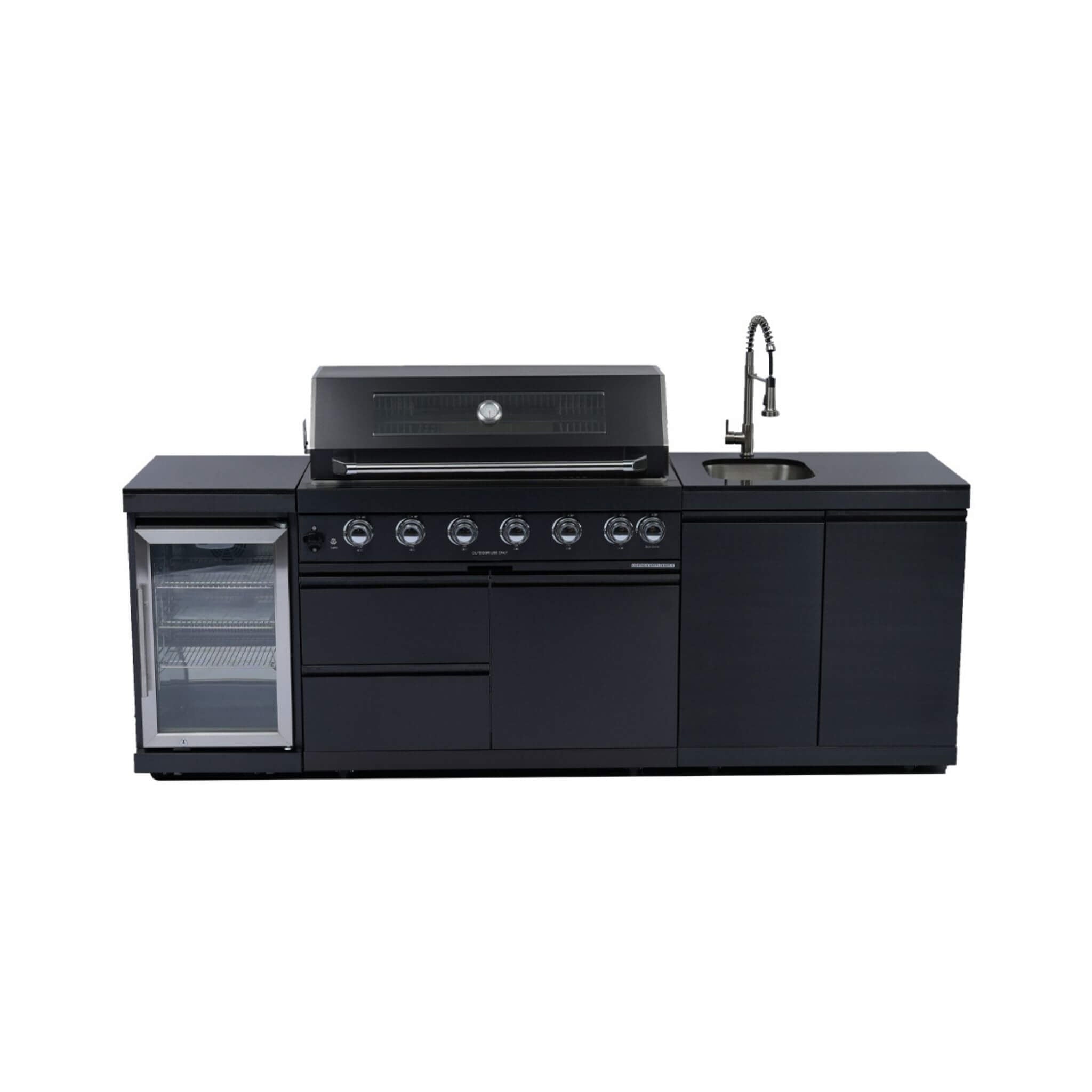 Castelle Flame 43-Inch 6-Burner 85K BTU Stainless Steel Outdoor BBQ Kitchen Island Grill With Wine Cooler, Rotisserie, And Sink (SAK19476)