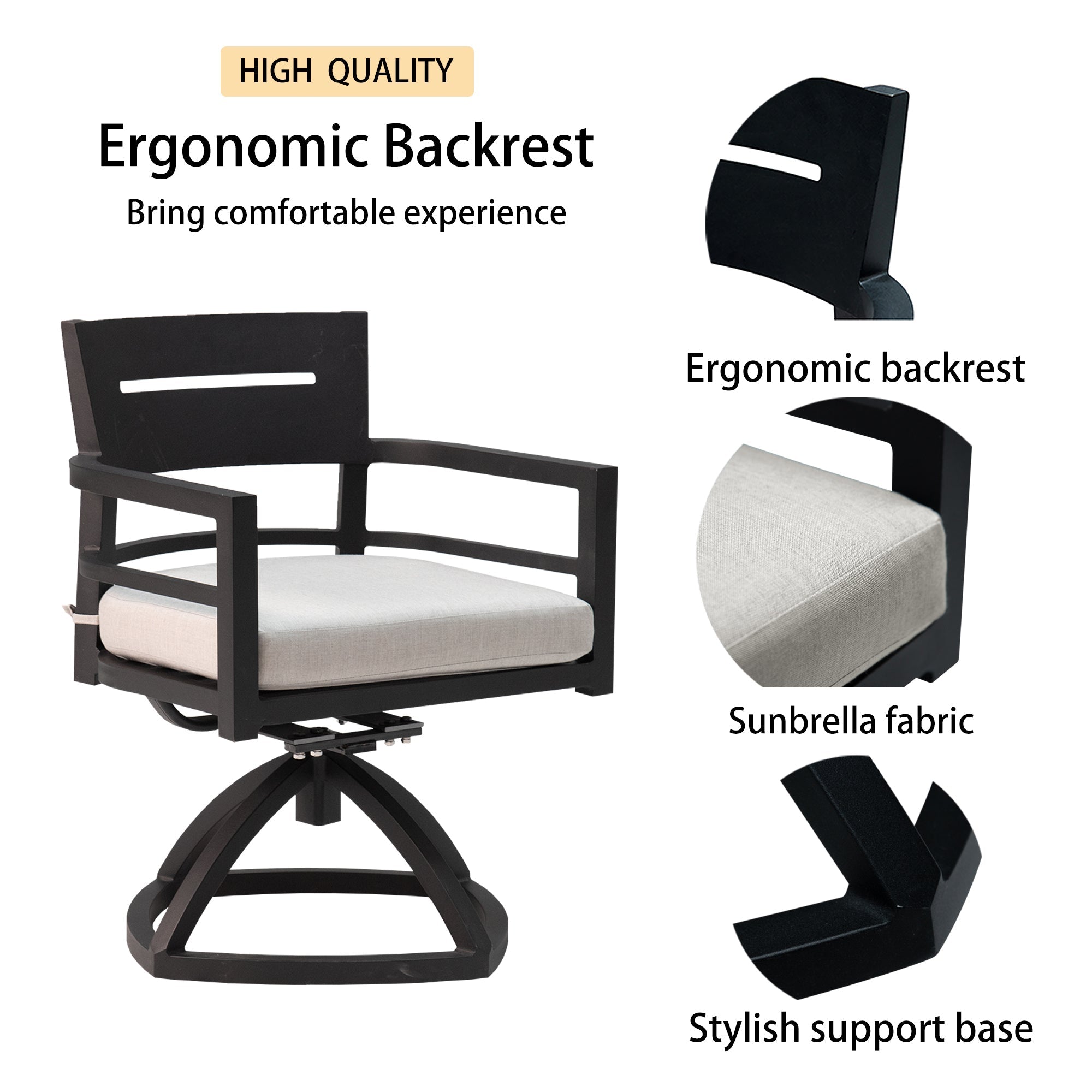 5-Piece Outdoor Patio Aluminum Furniture, Modern Dining Set, including 4 Swivel Rockers  Sunbrella Fabric Cushioned and 40' Square Dining Table with Umbrella Hole, Ember Black