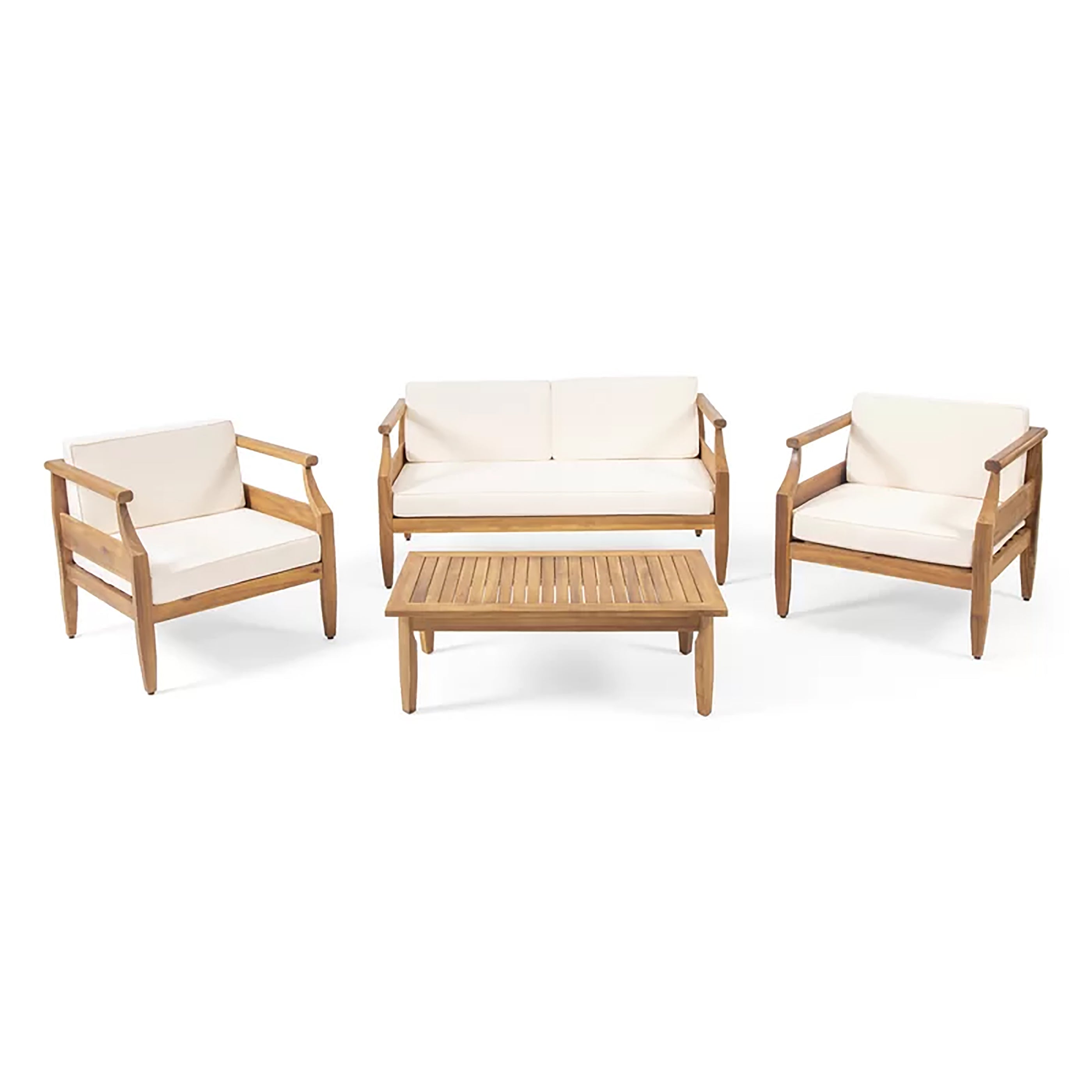 Alluvion Teak 4-Piece Wood Outdoor Patio Conversation Set with Cream Cushions