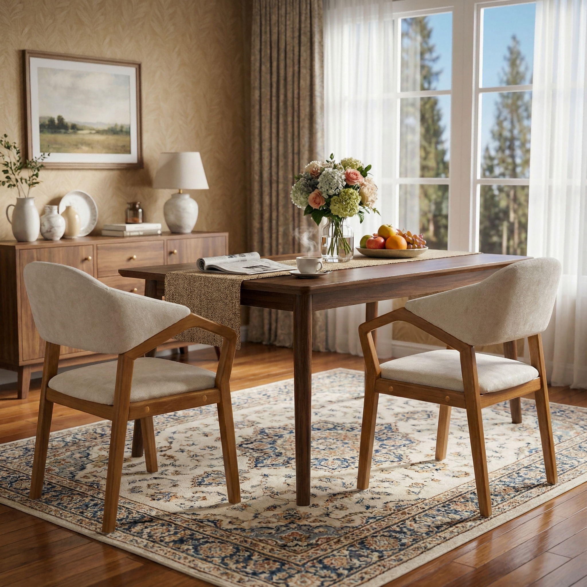 Indoor Upholstered Dining Armchair (Set of 2) - Beige / Teak