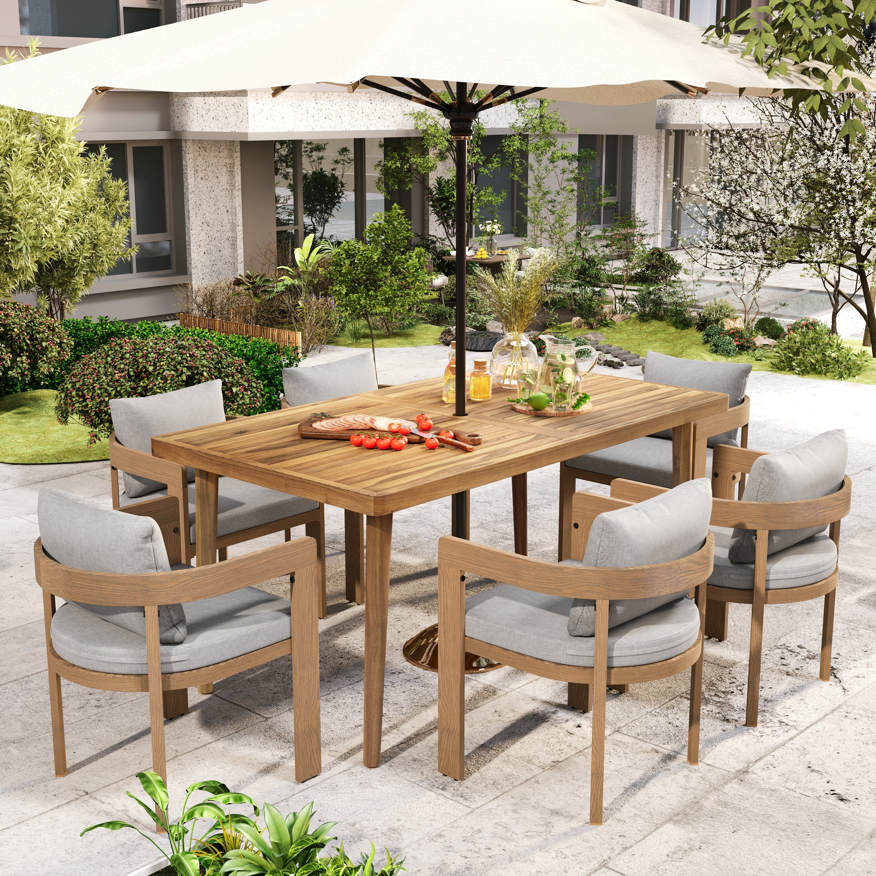Elko Janiyah Outdoor Patio 7PCS Dining Set with Teak Finished Aluminum Chairs and Acacia Wood Table