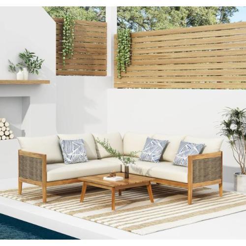 Crowne 4-Pcs Sofa Conversation Set with Beige Cushion, Teak