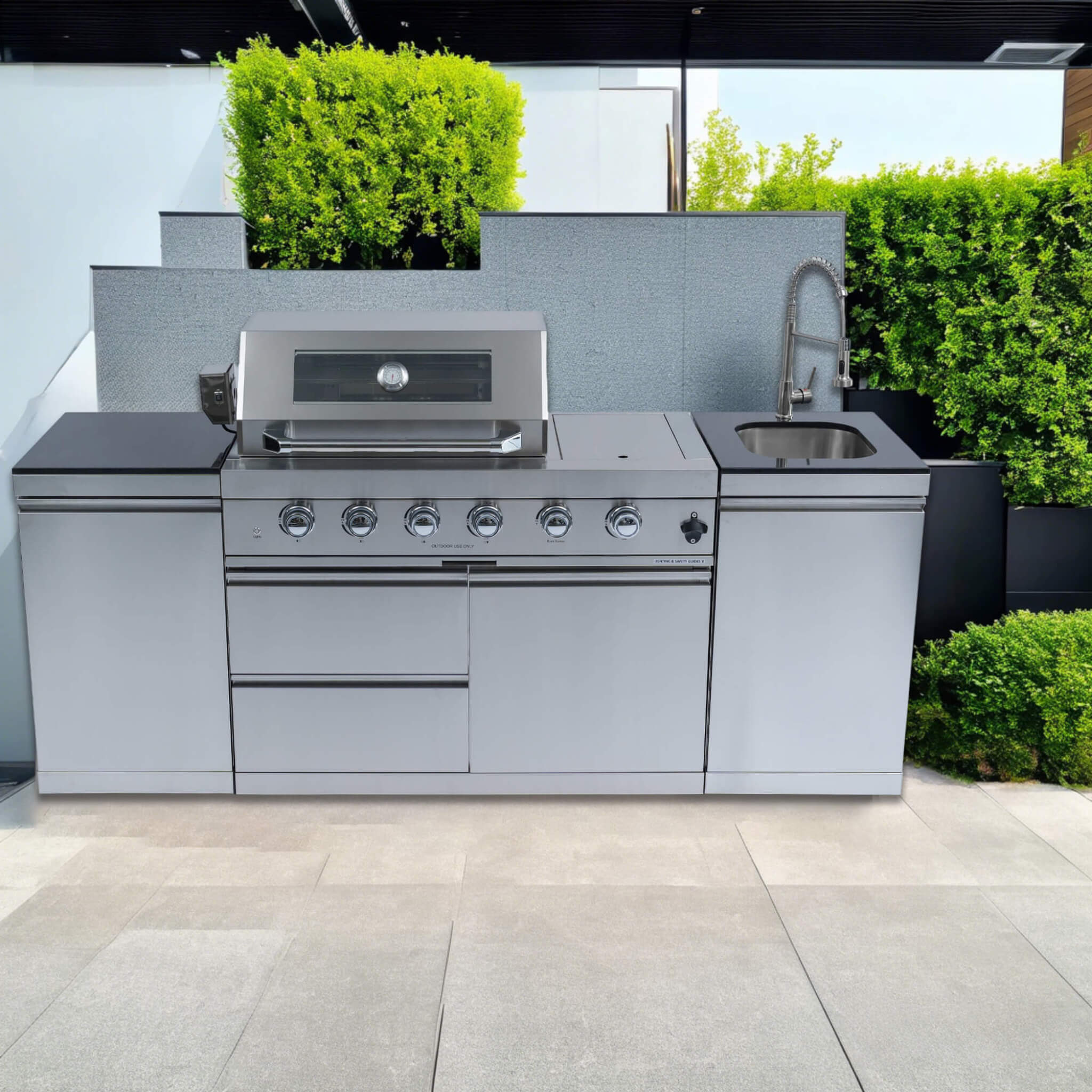 Castelle Flame Stainless Steel Outdoor BBQ Kitchen Island With 46-Inch 4-Burner 85K BTU Grill, Rotisserie Kit, And Cabinets (SAK93192)