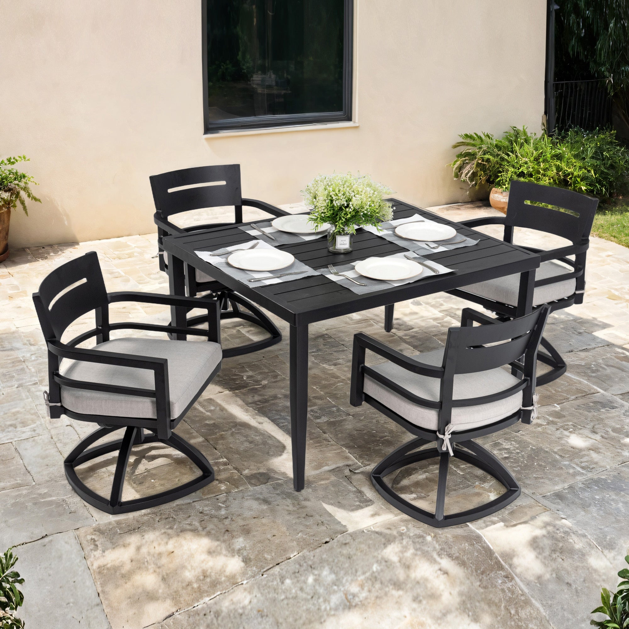 5-Piece Outdoor Patio Aluminum Furniture, Modern Dining Set, including 4 Swivel Rockers  Sunbrella Fabric Cushioned and 40' Square Dining Table with Umbrella Hole, Ember Black
