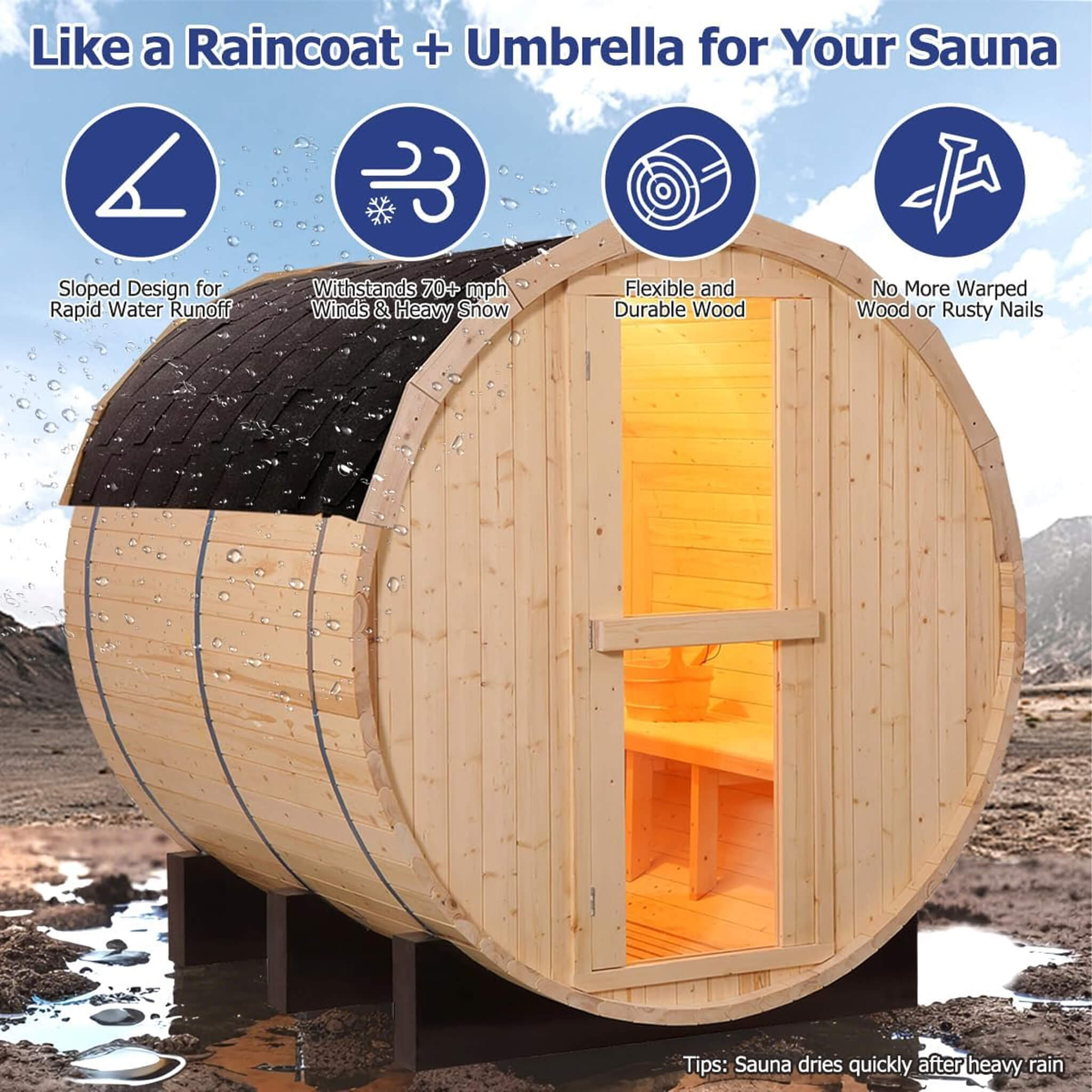 Barrel Sauna - Thermora Premium Outdoor Pinewood with 4.5KW Heater
